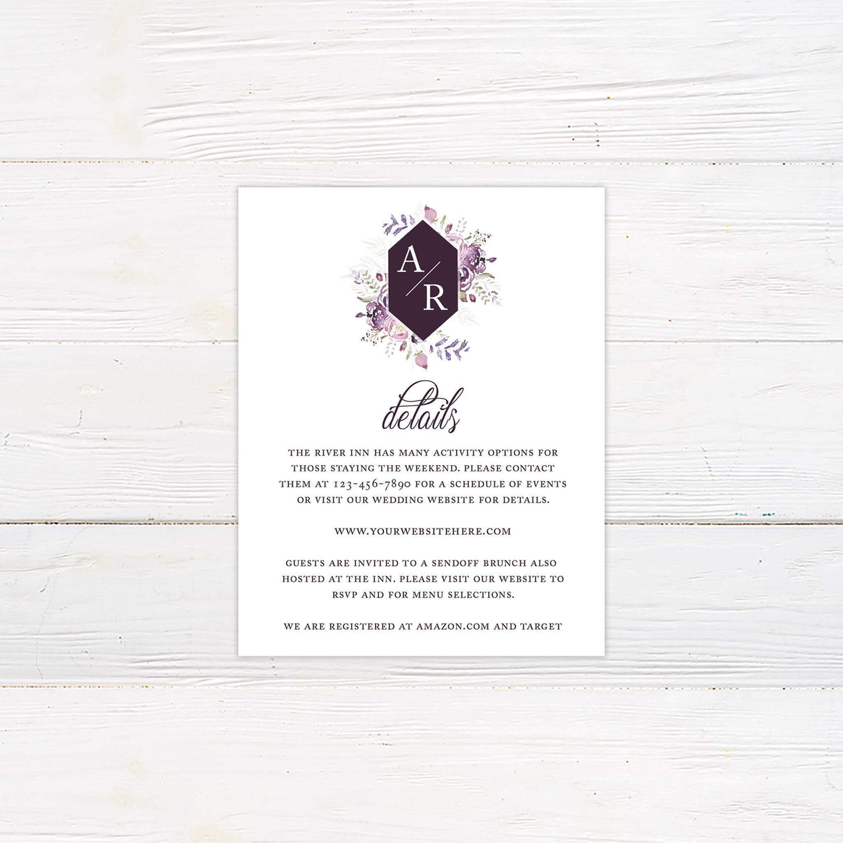 Detail card with plum accents and coordinating fonts, with matching floral graphics.