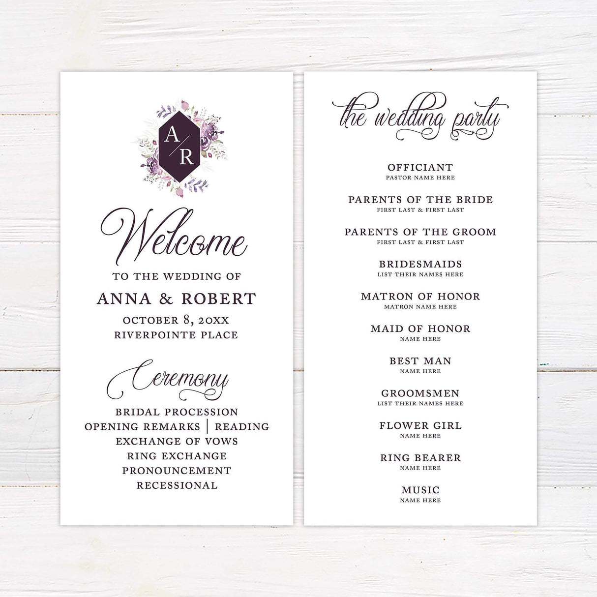 Wedding program featuring violet and lavender watercolor blooms and elegant text layout.