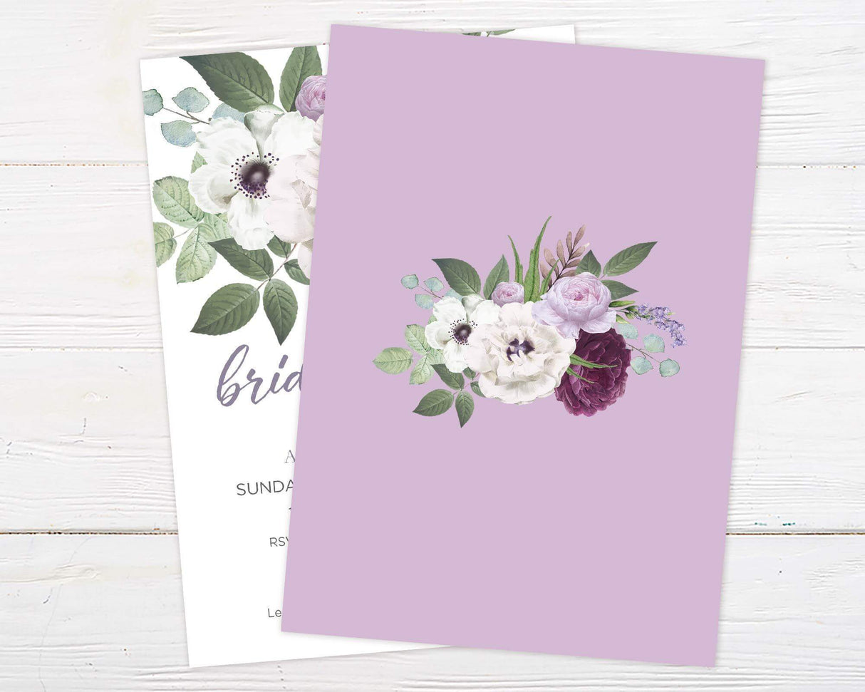 A purple bouquet bridal shower invitation with purple and white watercolor flowers. The design features soft blooms and elegant text on a purple background. - back.