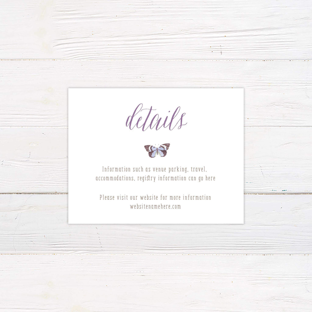 Minimal detail card with matching rustic and serif fonts, small butterfly illustration.
