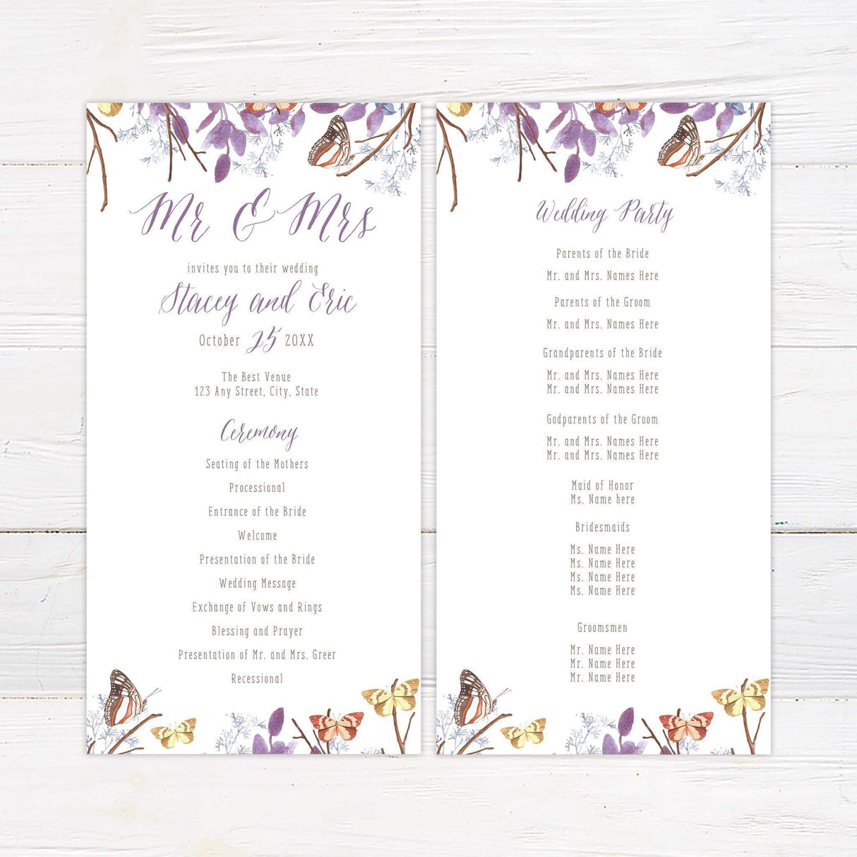 Wedding program with watercolor butterflies and branches, styled to match the main invitation suite.