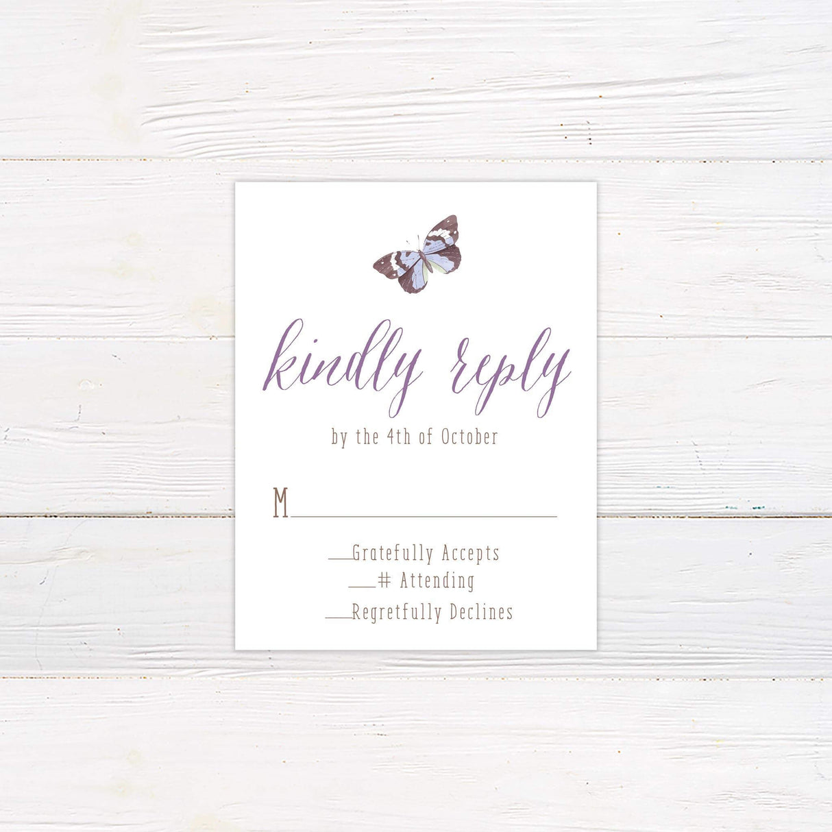 RSVP card with butterfly - printed with coordinated fonts and layout.