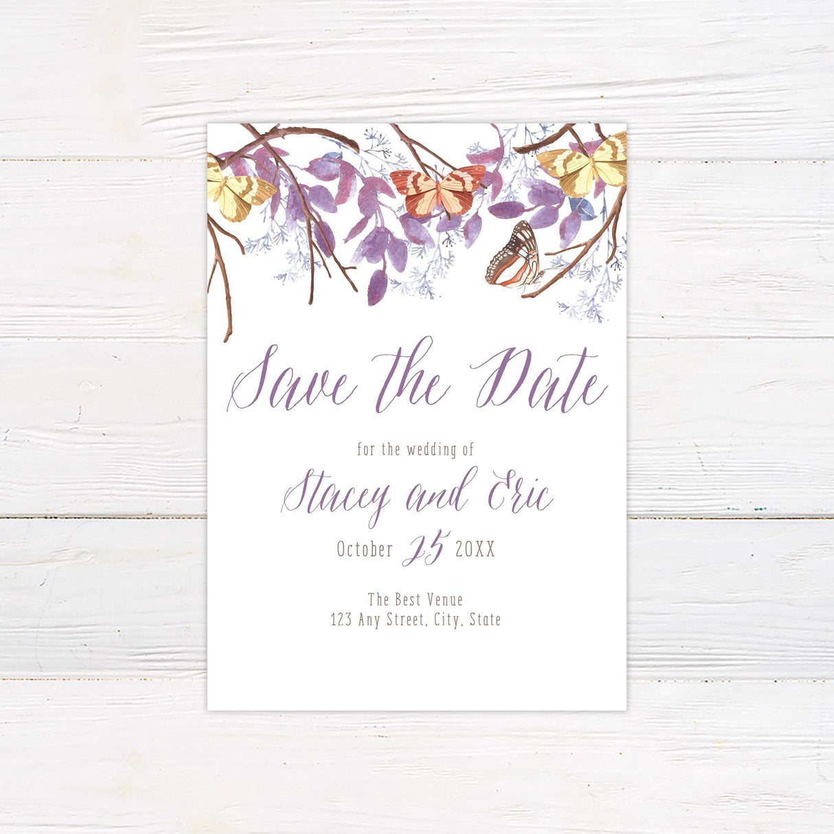 Save the date card with hand-painted butterflies and violet leaf accents, perfect for fall weddings.