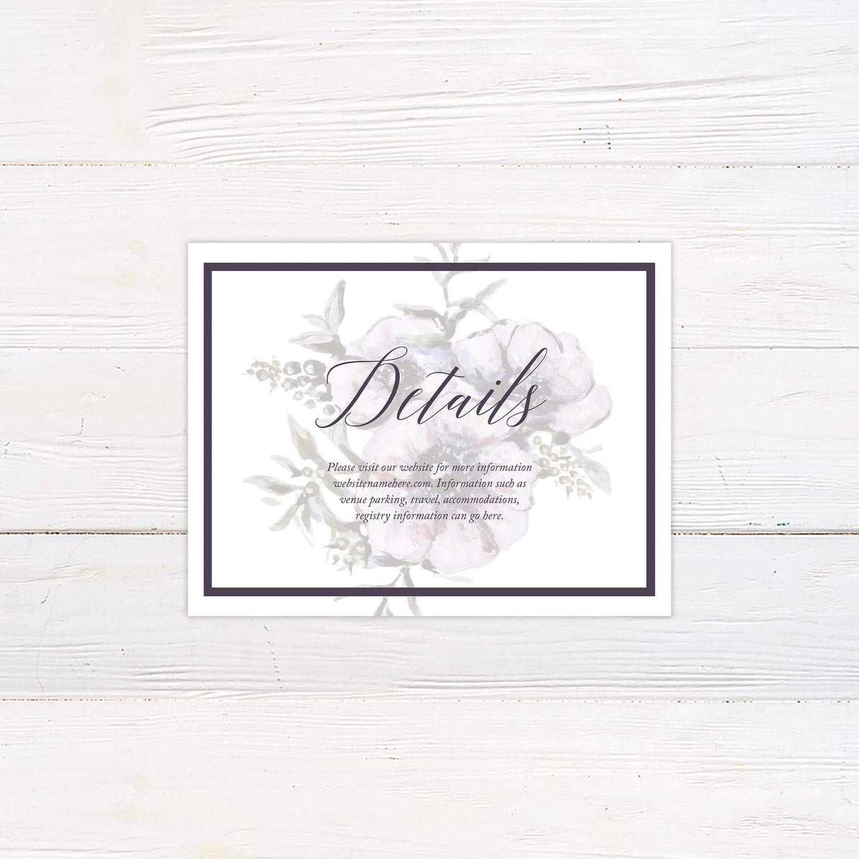 Simple detail card in coordinating fonts, watermark florals, with plum accents and modern layout.