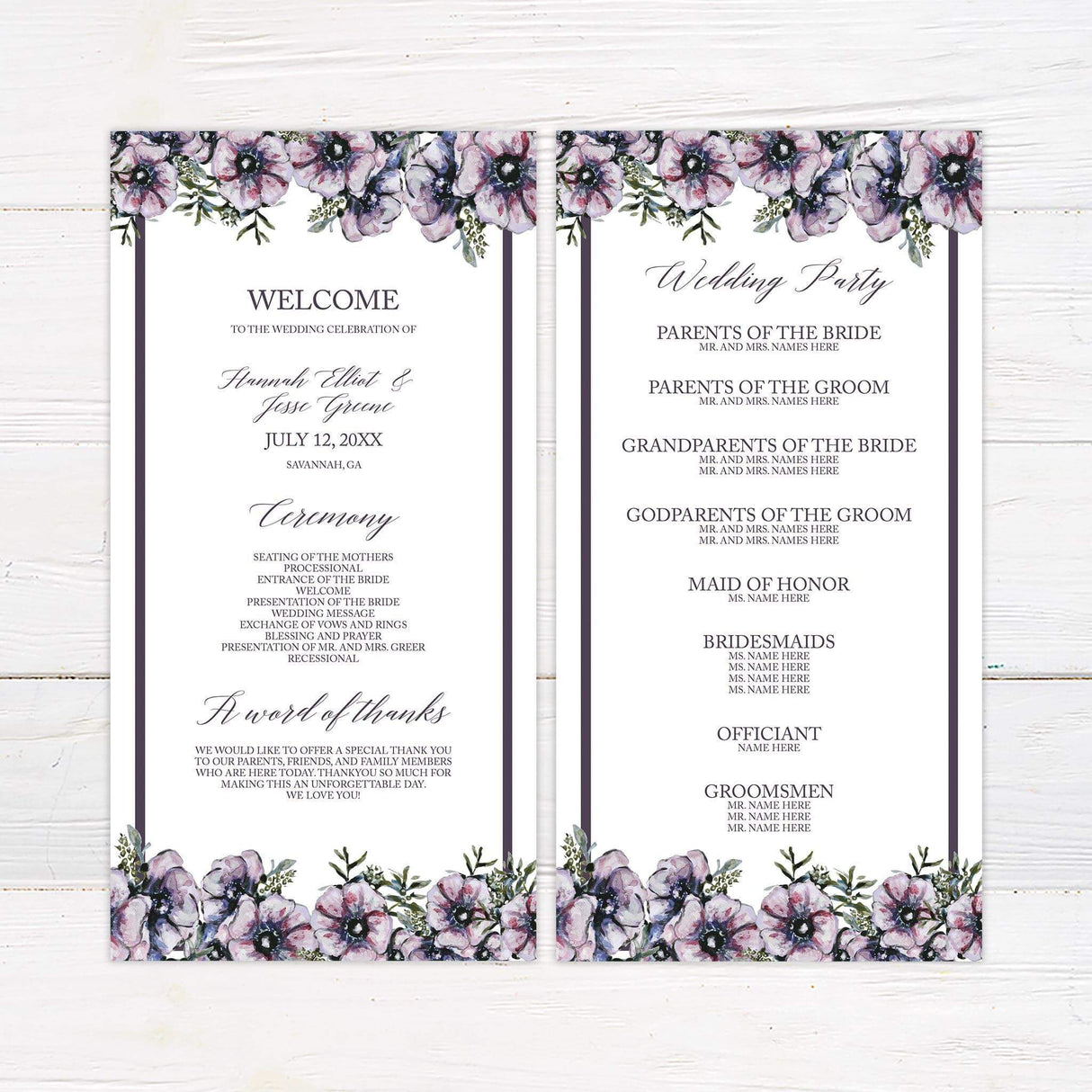 Wedding program featuring purple floral accents and elegant fonts in a vertical layout.
