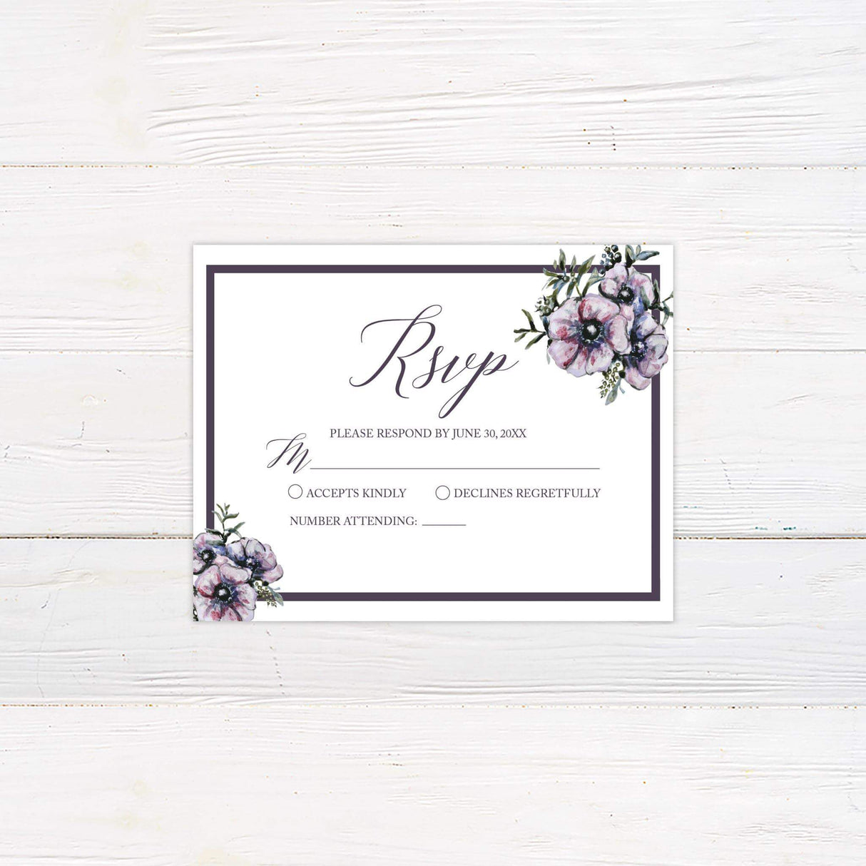 Matching RSVP card with purple florals and coordinating typography in serif and script styles.