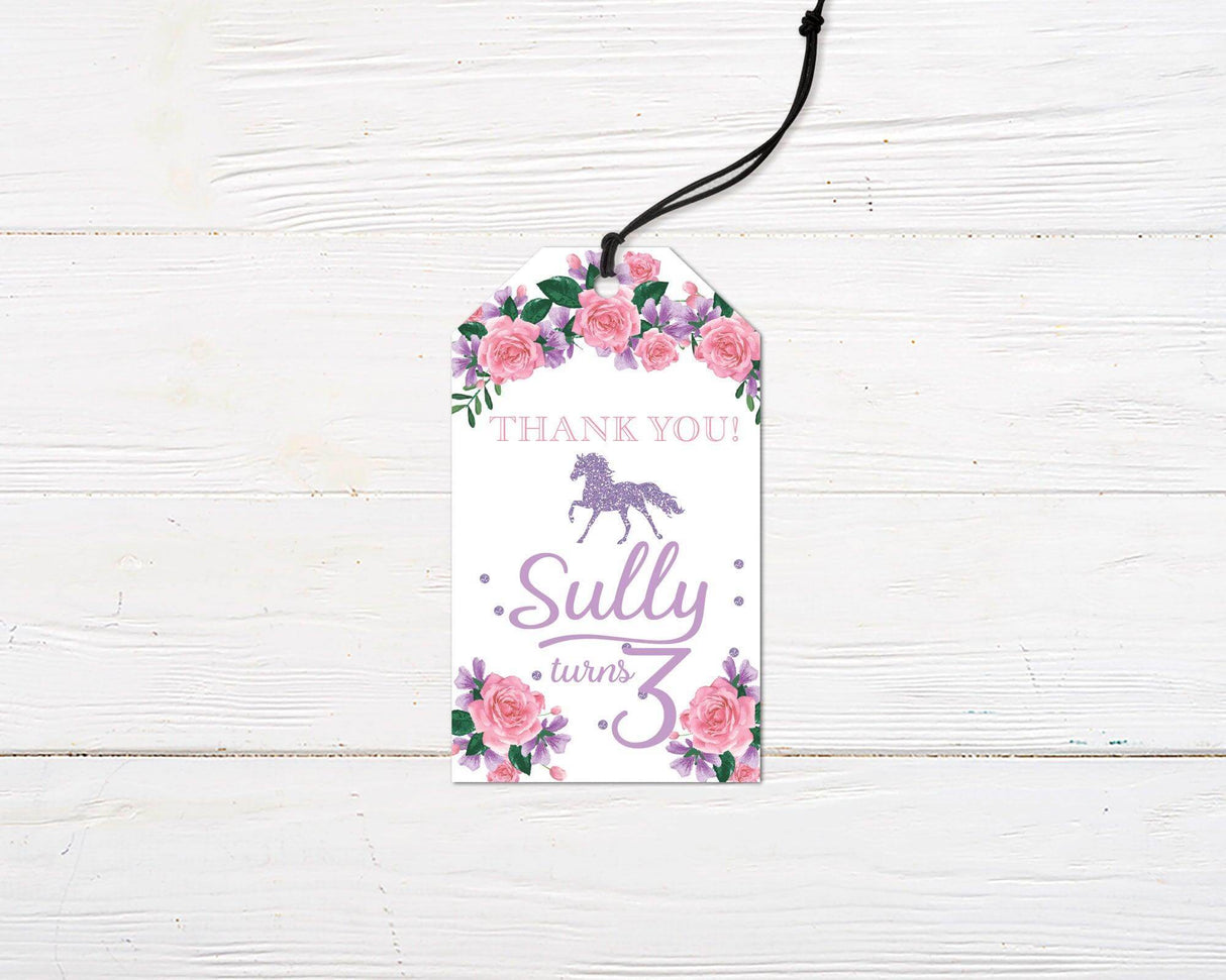 Purple Horse birthday favor tag with pink roses.