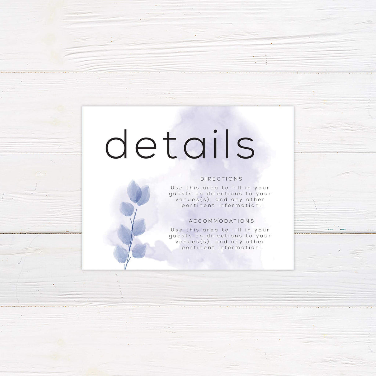 Minimalist detail card with clean layout and light watercolor accents in purple tones.