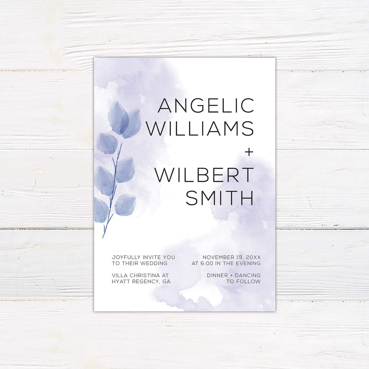 Minimalist wedding invitation with purple watercolor leaves, soft lavender background wash, and modern sans serif fonts.