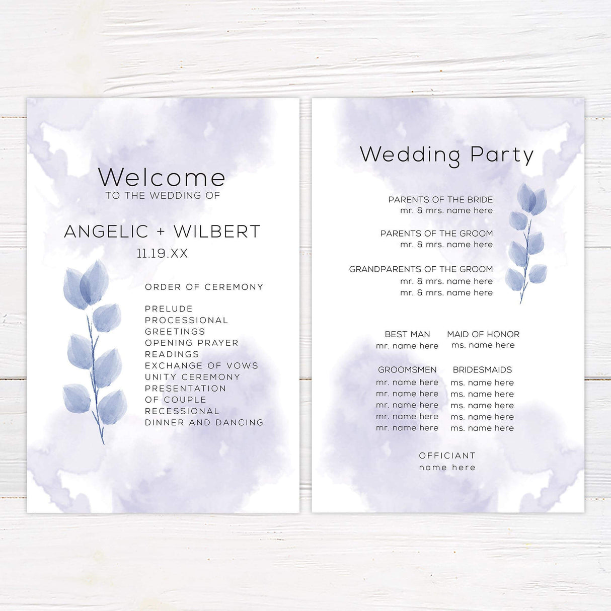 Wedding program with purple leaves design, modern typography, and elegant formatting.