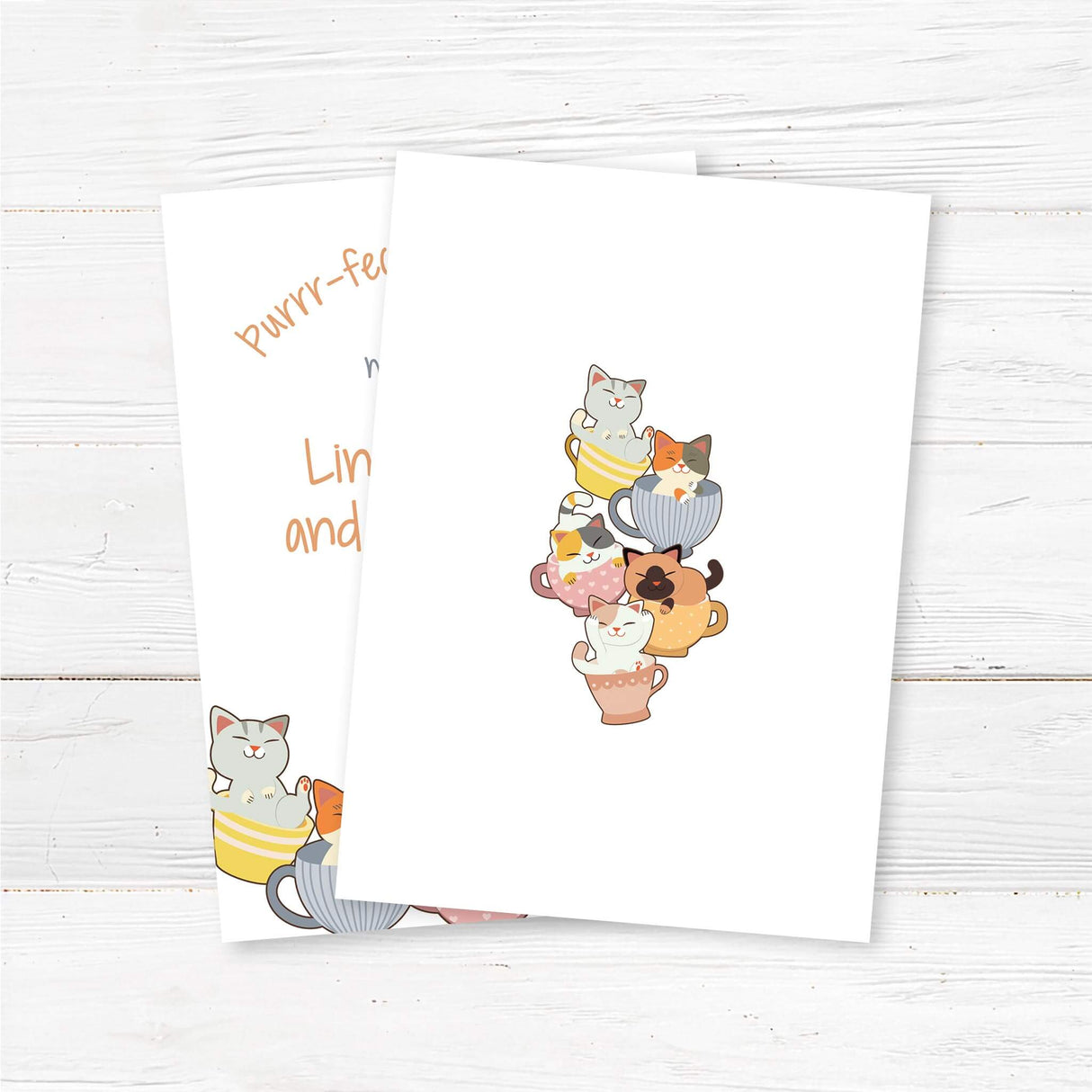 Printed cat-themed baby shower invitation featuring adorable illustrated kittens inside colorful teacups. The phrase 'Purrr-fect time for Tea' adds a whimsical touch, making it ideal for a tea party baby shower or a cat lover baby sprinkle. Printed on high-quality cardstock and includes envelopes. Fully customizable with honoree’s name, event details, and registry information. Perfect for gender-neutral, boho, or tea-time-themed baby showers. back