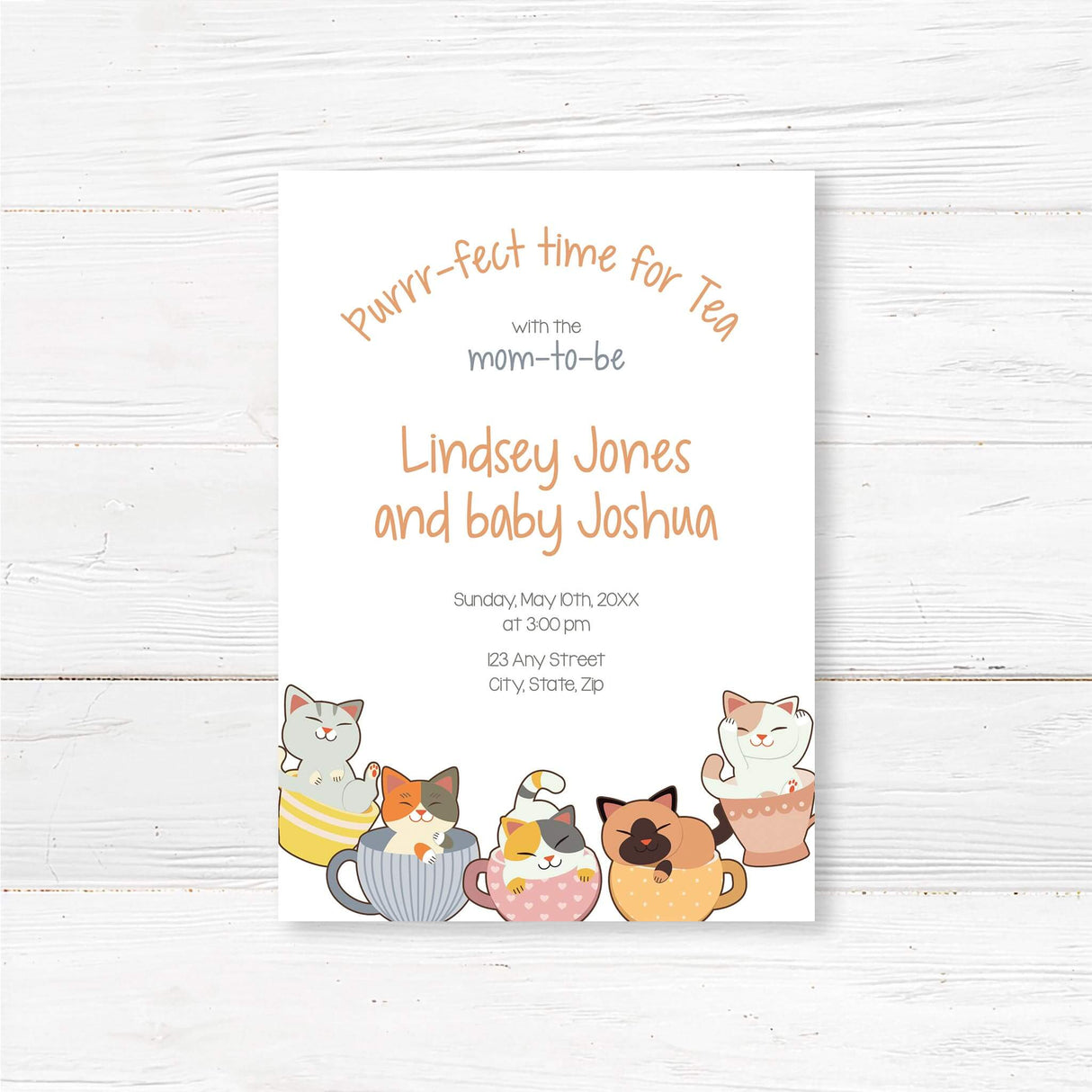 Printed cat-themed baby shower invitation featuring adorable illustrated kittens inside colorful teacups. The phrase 'Purrr-fect time for Tea' adds a whimsical touch, making it ideal for a tea party baby shower or a cat lover baby sprinkle. Printed on high-quality cardstock and includes envelopes. Fully customizable with honoree’s name, event details, and registry information. Perfect for gender-neutral, boho, or tea-time-themed baby showers.