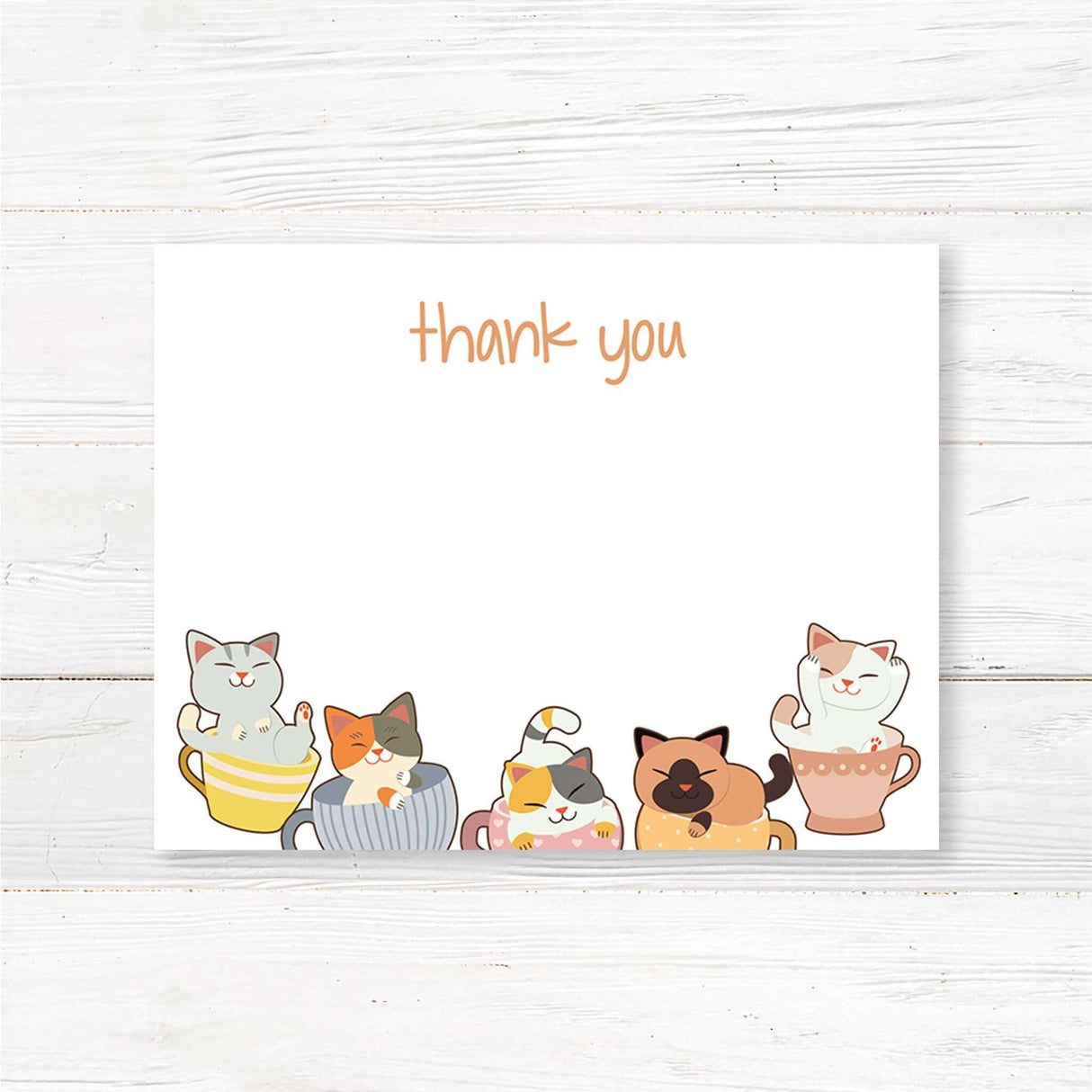 Printed cat-themed baby shower thank you card featuring adorable illustrated kittens inside teacups, making it perfect for tea party or cat lover baby showers. Printed on thick, high-quality cardstock and available in folded or flat designs with optional envelopes. Ideal for sending a heartfelt message of gratitude to guests after a baby shower, sprinkle, or tea party event. Coordinates with the full cat-themed baby shower stationery collection.