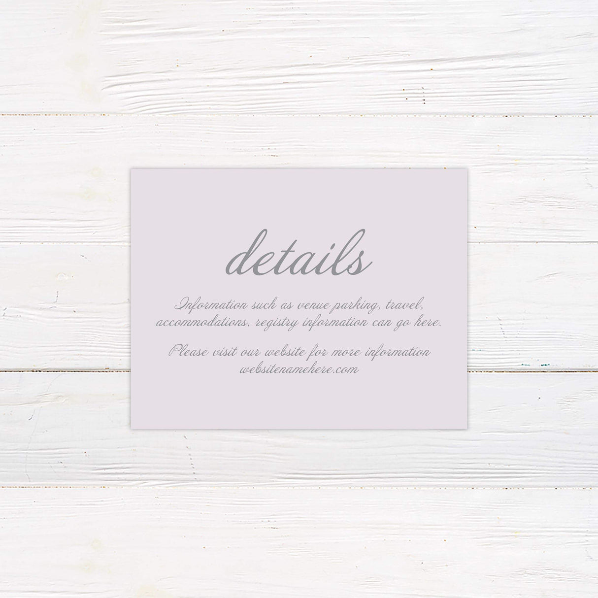 Elegant detail card with clean layout, soft lavender text, and no florals for a minimalist touch.