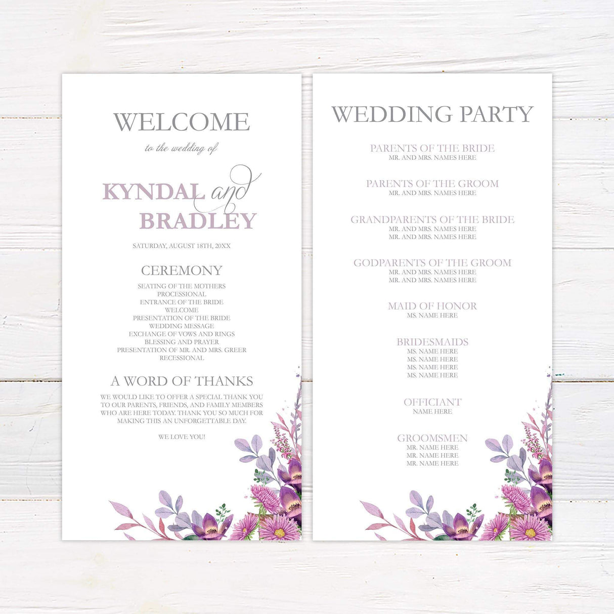 Wedding program featuring purple and blush florals with modern serif typography.