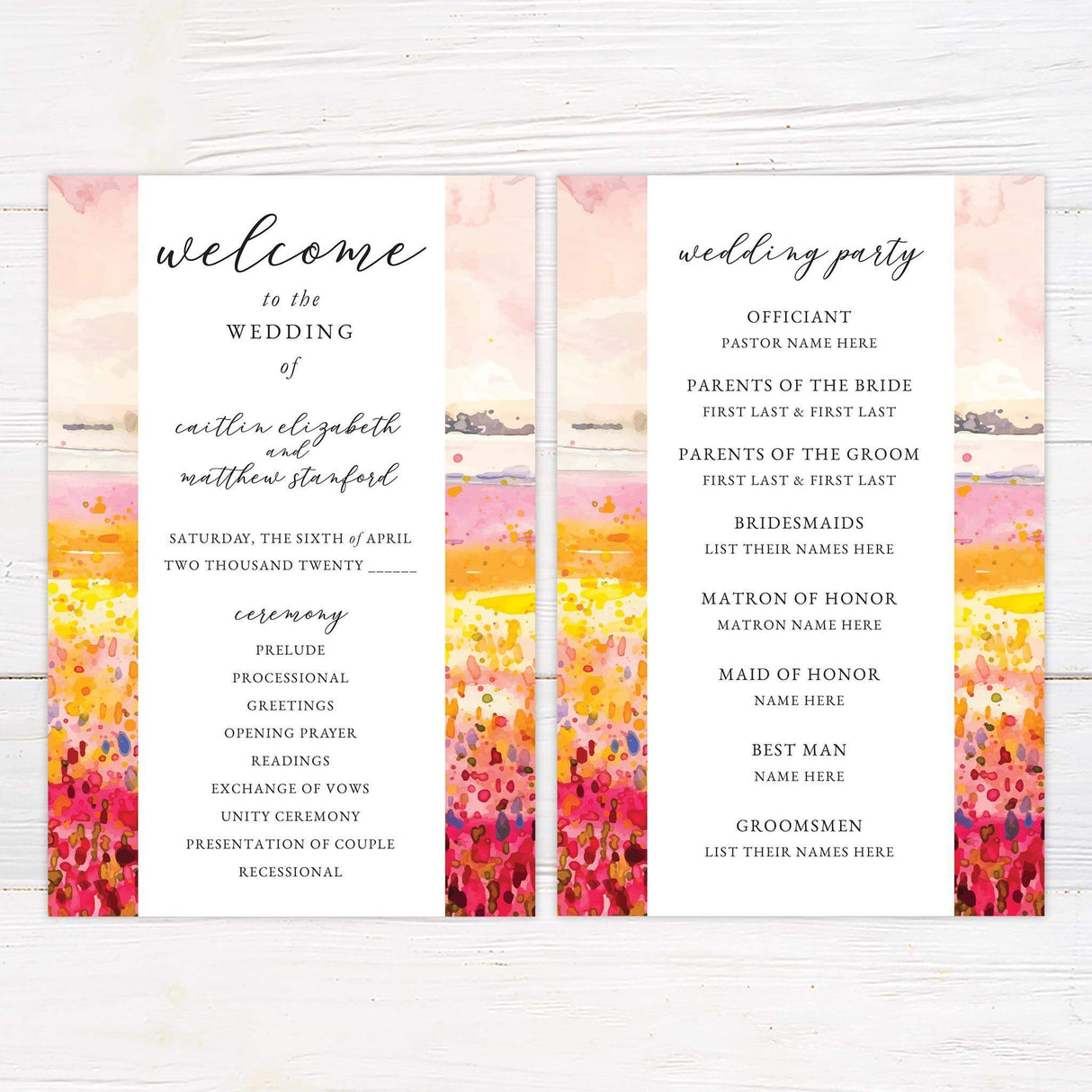 Ceremony program featuring soft abstract watercolor borders in pink and yellow, paired with classic serif and script fonts.