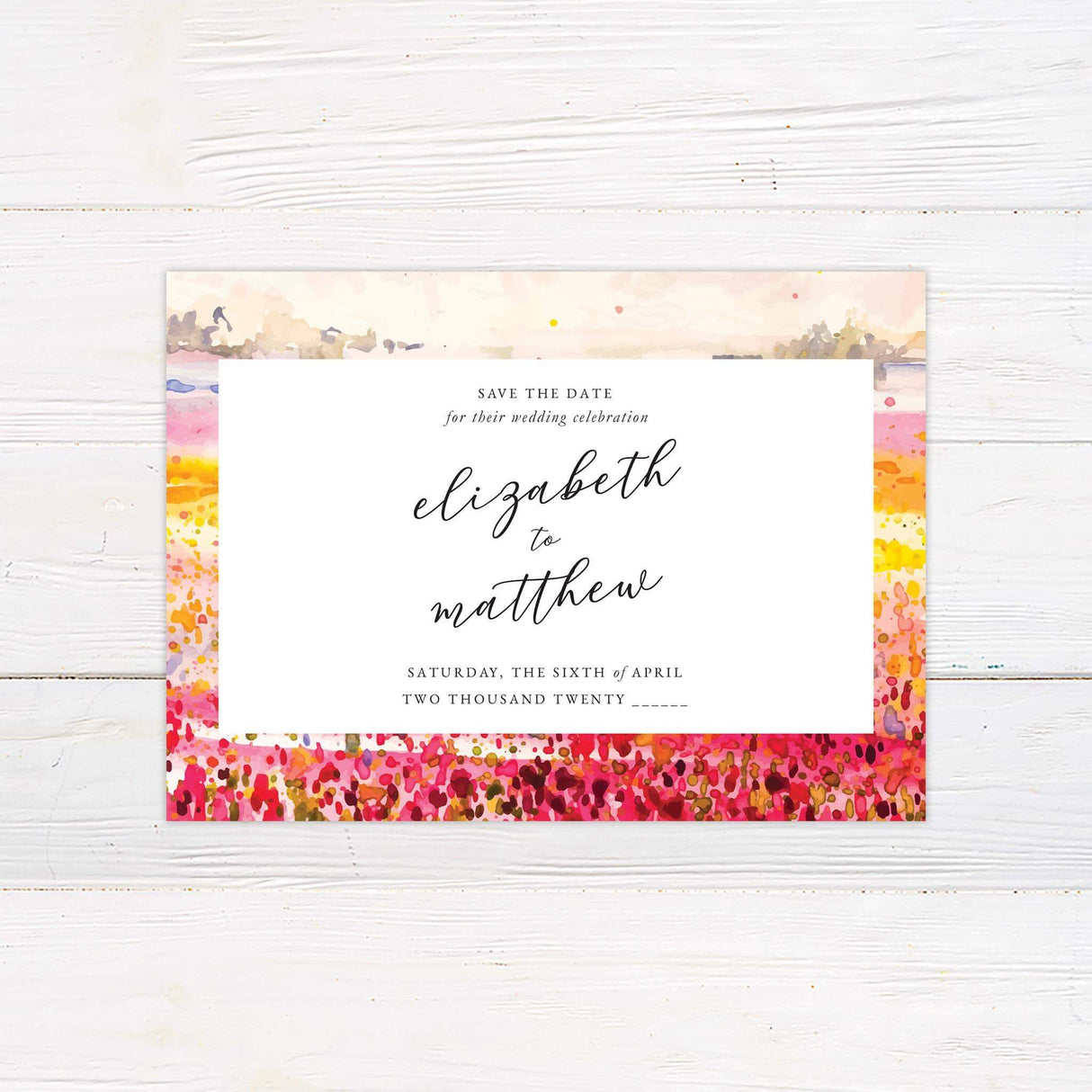 Save the date card with abstract watercolor design in bright spring tones and clean modern type, perfect for first announcements.