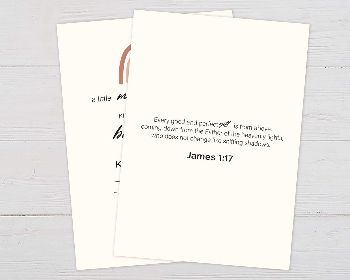 Minimalist baby shower invitation with a soft cream background. Features a hand-drawn rainbow in earthy tones of pink, mustard, and green at the top. Below, elegant typography reads "a little miracle is on the way." The main text invites guests to honor the expectant parent, with the date, time, and location provided. RSVP details are listed, along with a note about the baby registry. The design is clean and modern, with a warm and welcoming aesthetic, making it perfect for celebrating a new little one. Bac