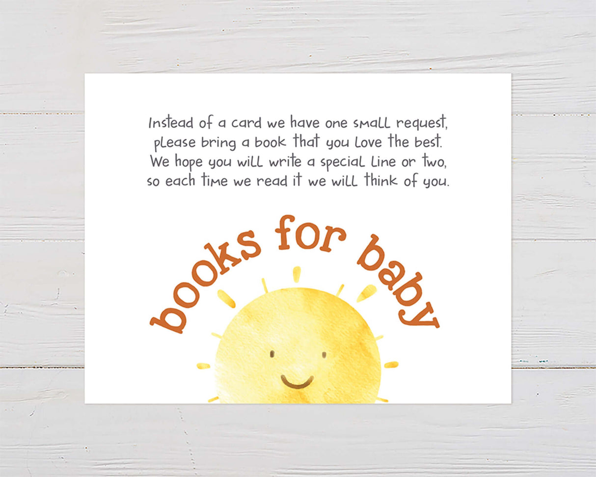 "Books for Baby" card with a smiling watercolor sun, baby shower note requesting guests to bring a book instead of a card.