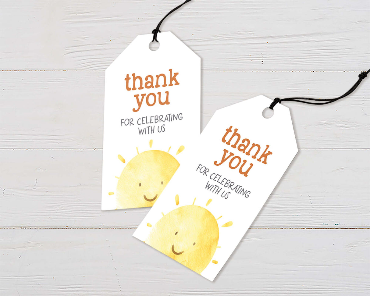 Sunshine-themed thank you tags with yellow watercolor sun and text 'thank you for celebrating with us' on a white background.