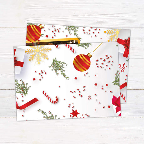 Personalized Christmas card with family photo, red and gold ornaments, candy canes, pine branches, and festive Merry Christmas greeting. - back.