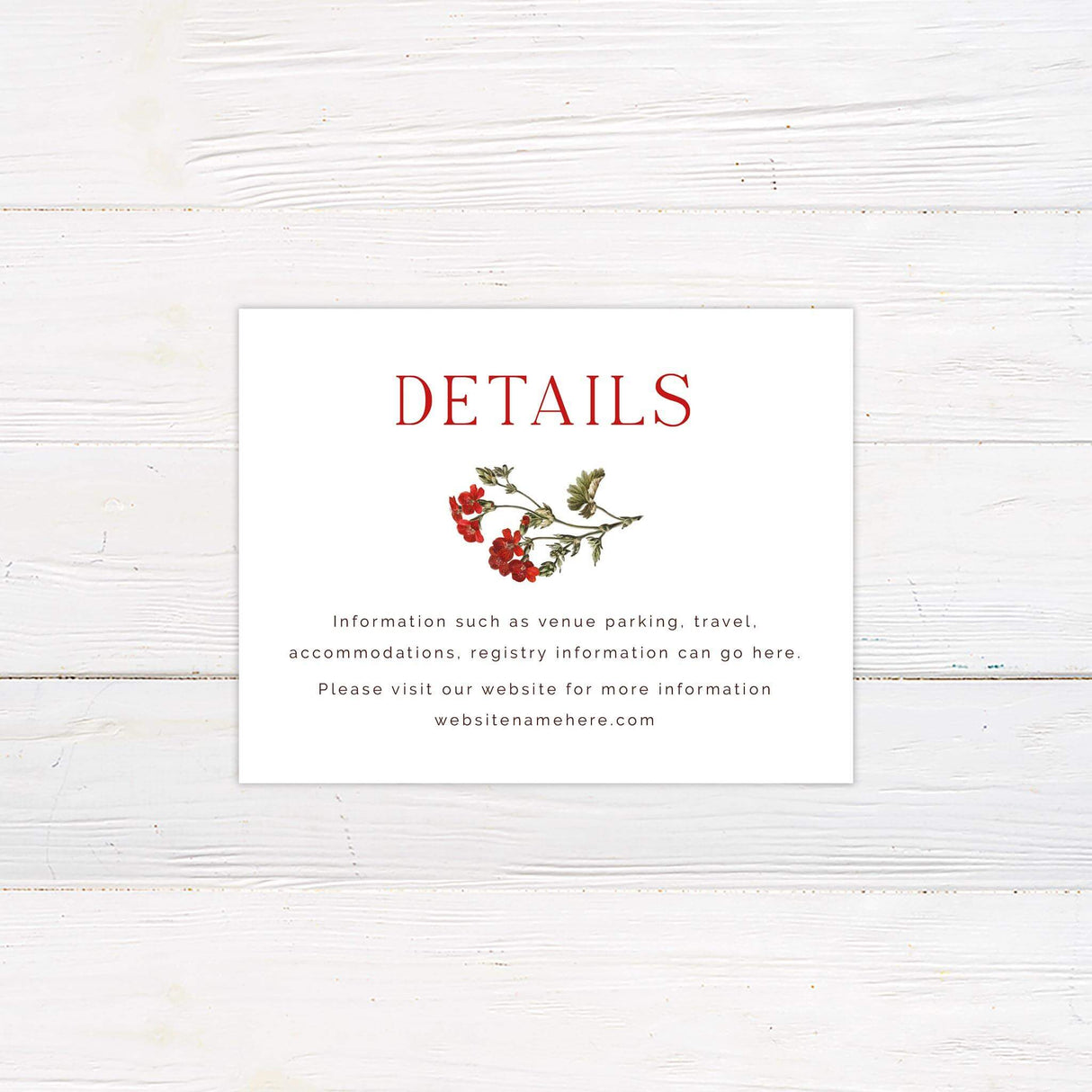 Simple detail card in matching serif fonts with clean lines, designed to complement the red botanical invitation suite.