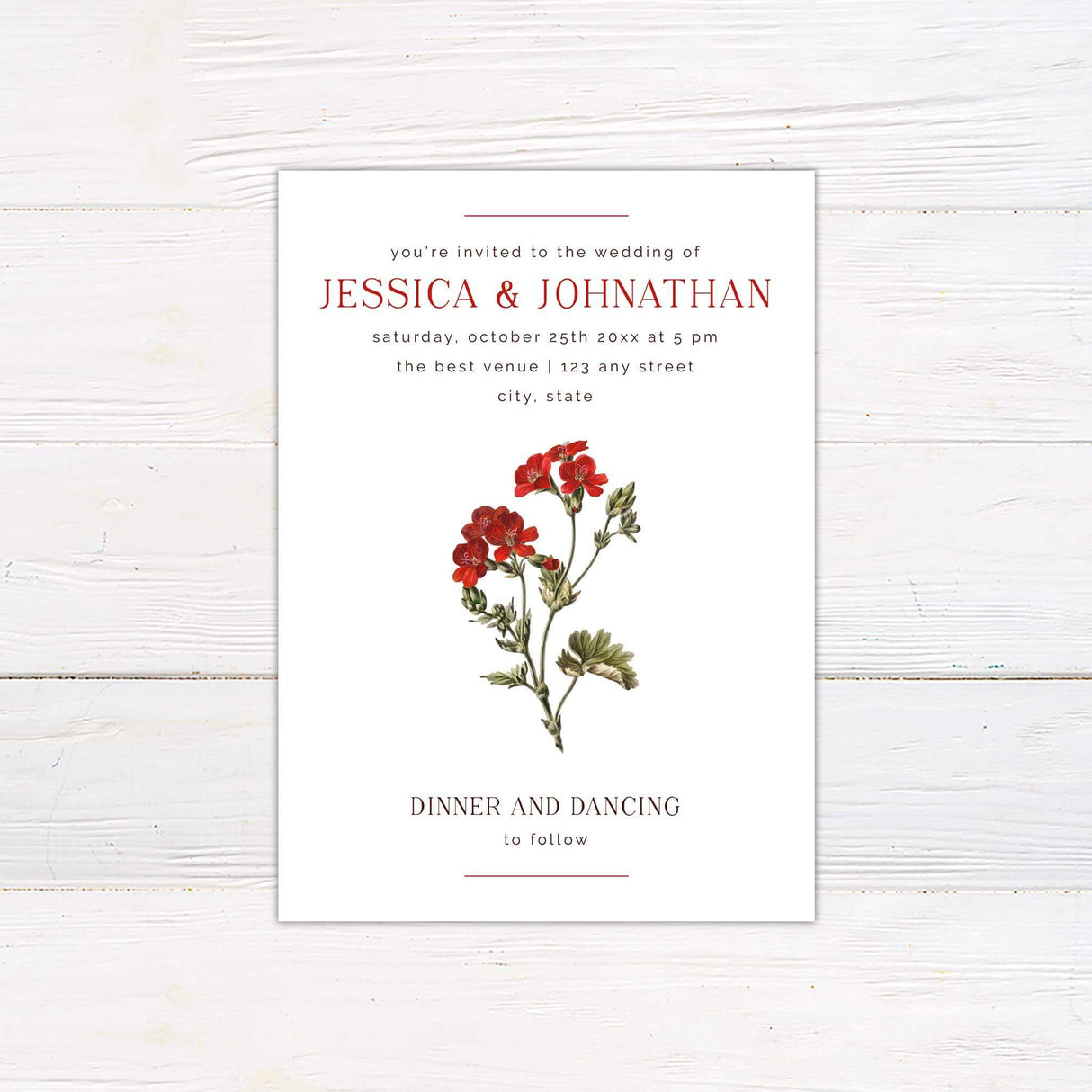 Minimalist wedding invitation with red vintage-style botanical flower illustration and classic serif fonts on an ivory background.