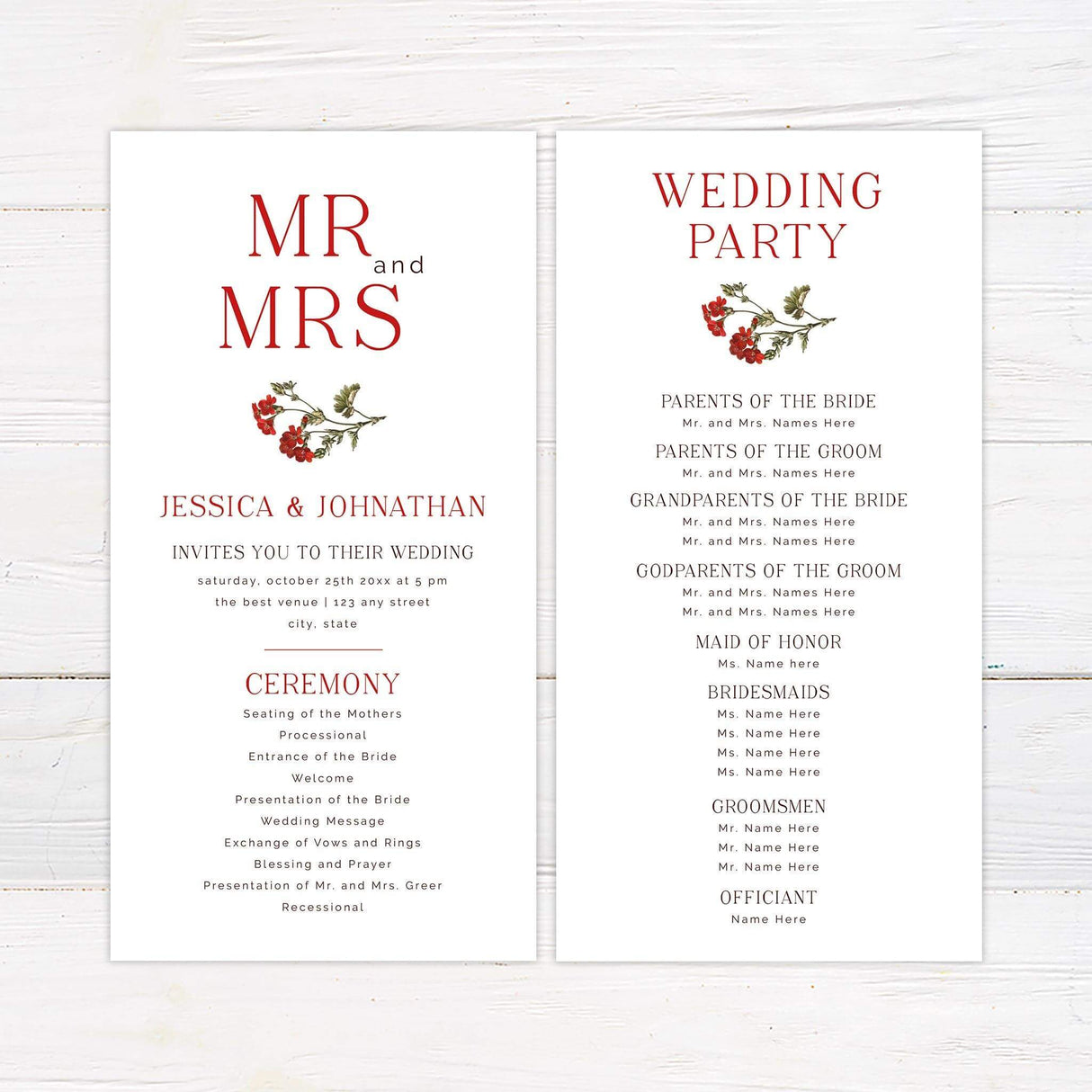 Wedding ceremony program with red serif headers and ample space for event details, maintaining a timeless aesthetic.