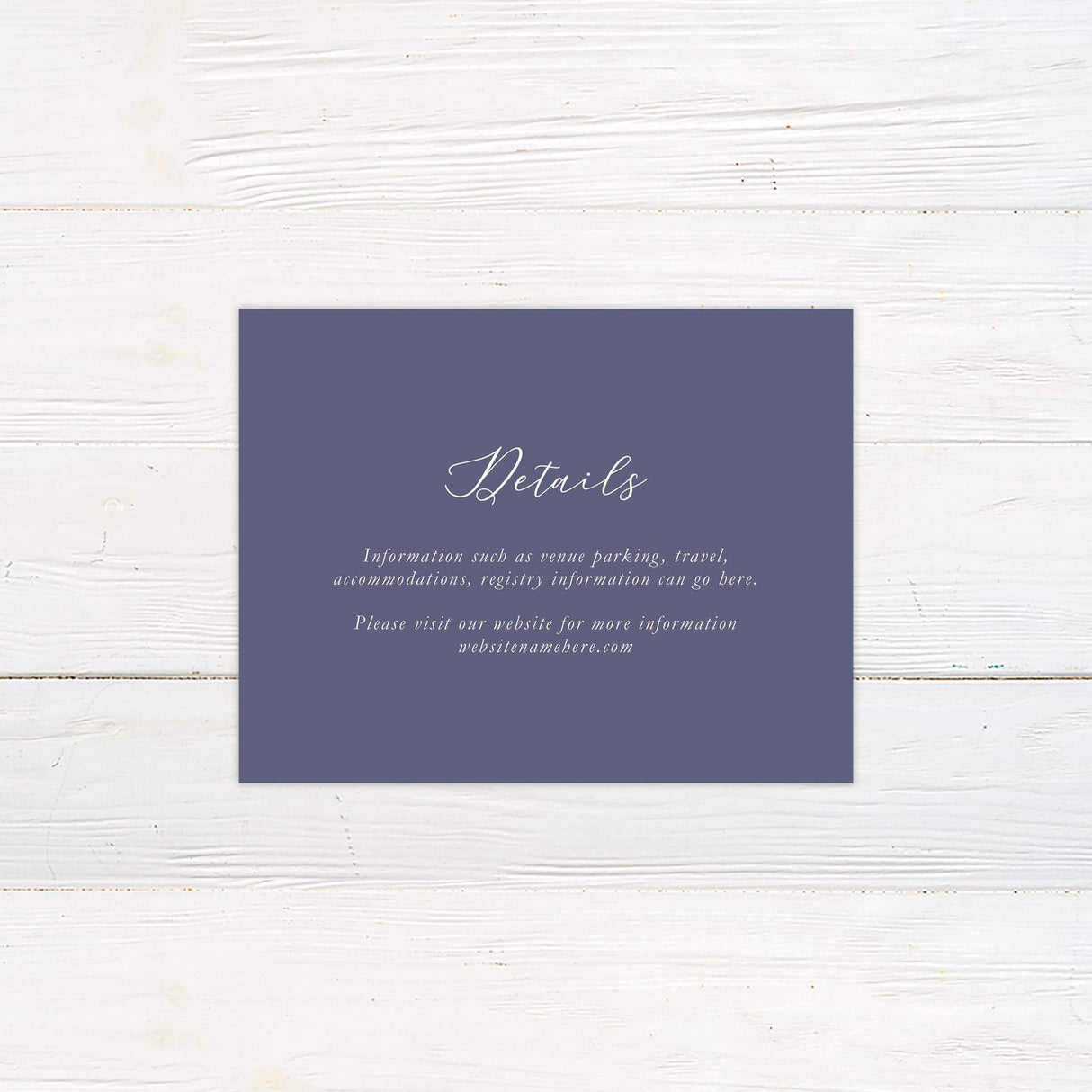 Coordinating detail card with classic serif text and soft purple embellishments, ideal for schedule or accommodation info.