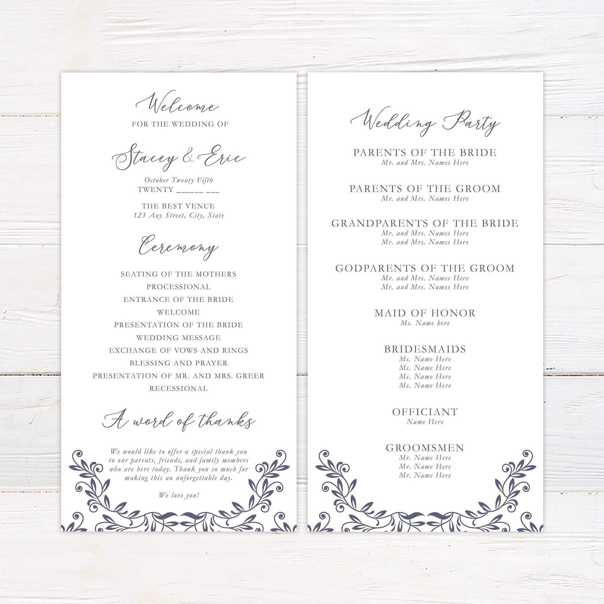 Elegant ceremony program featuring matching lavender scrolls and fonts for a cohesive and classic wedding theme.