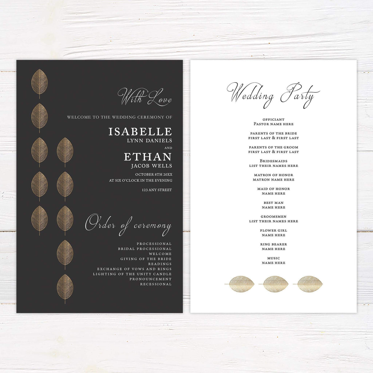 Wedding program featuring black and gold leaf elements with a clean white layout and classic typography.