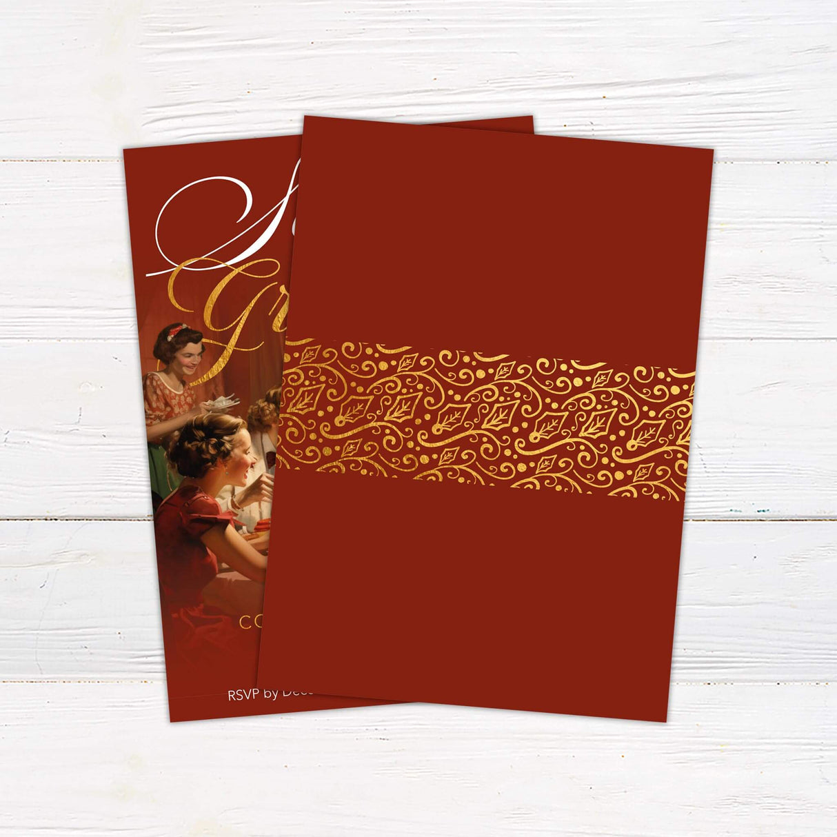 A holiday party invitation with vintage-style artwork and festive text. The design highlights a warm seasonal gathering with a classic theme. - back side.
