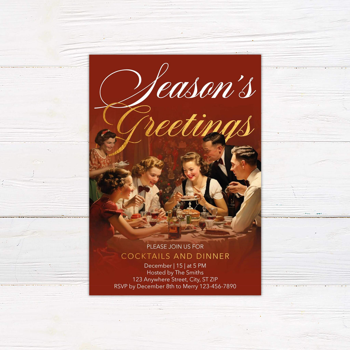 A holiday party invitation with vintage-style artwork and festive text. The design highlights a warm seasonal gathering with a classic theme.