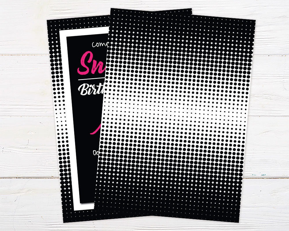 Retro Party invitation with bold black and pink polka dot design for Sweet 16 birthday.