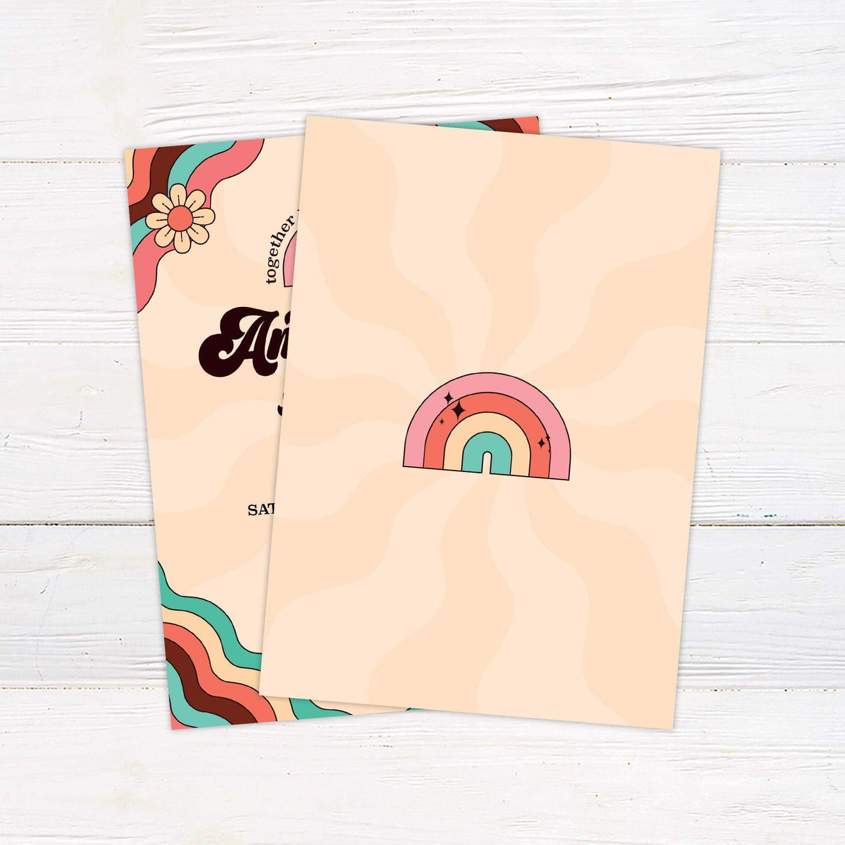 Retro wedding invitation with rainbow waves, bold vintage fonts, and flower accents in orange, teal, and peach on a cream background.- back side