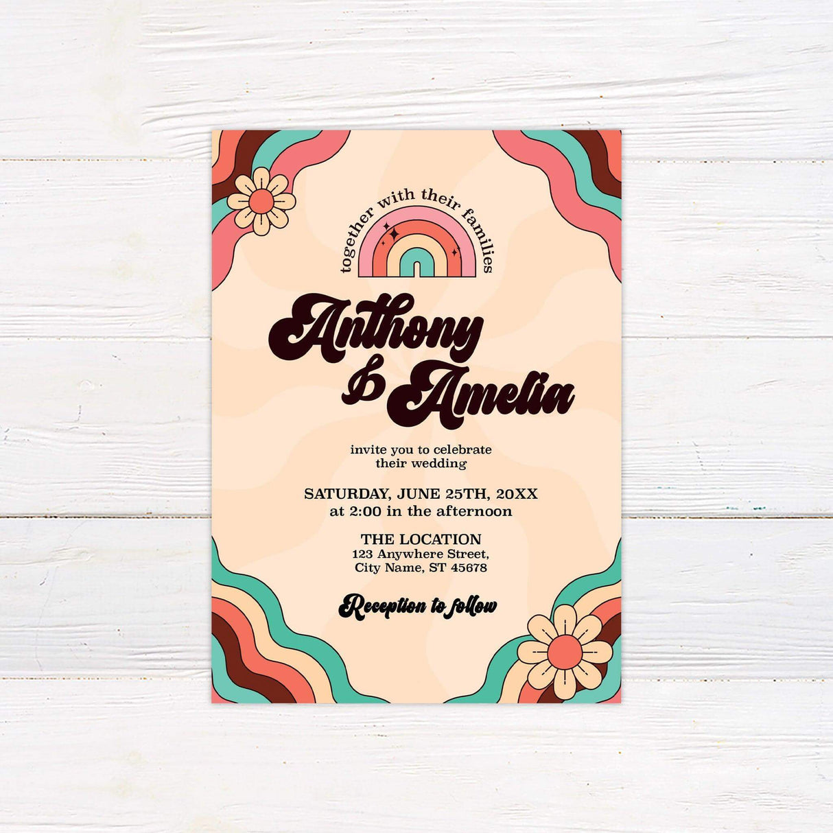 Retro wedding invitation with rainbow waves, bold vintage fonts, and flower accents in orange, teal, and peach on a cream background.