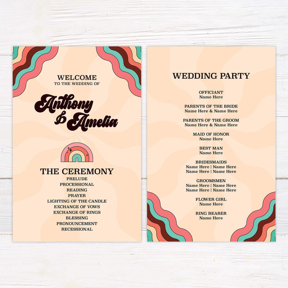 Wedding program featuring retro rainbow motif, fun fonts, and flower accents in orange, peach, and teal.