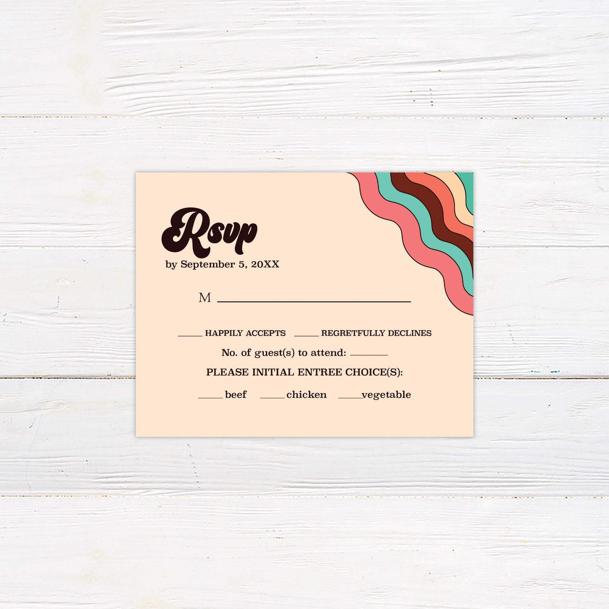 Matching RSVP card with retro rainbow border and playful vintage fonts in coordinating 70s colors.