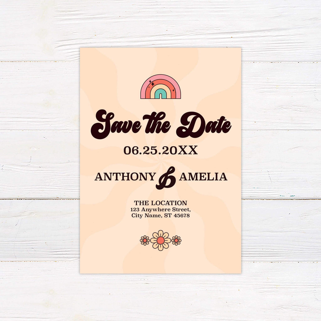 Save the date card with retro wave borders and colorful rainbow design, perfect for 70s-inspired weddings.