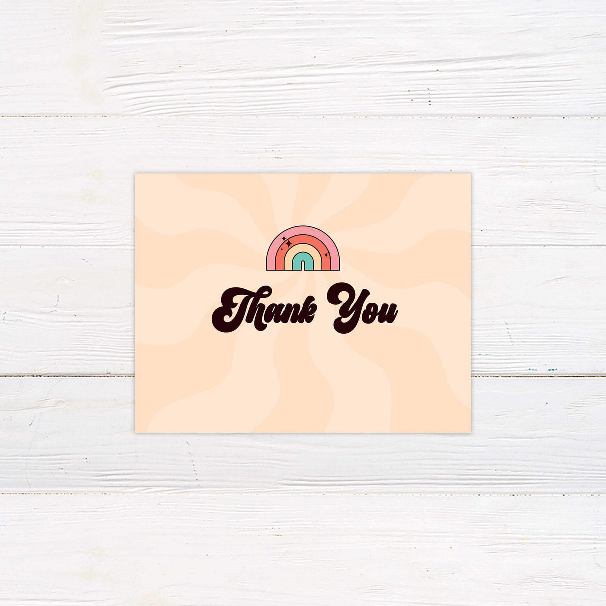 Retro thank you card with playful rainbow and flower design, perfect for sending groovy gratitude.