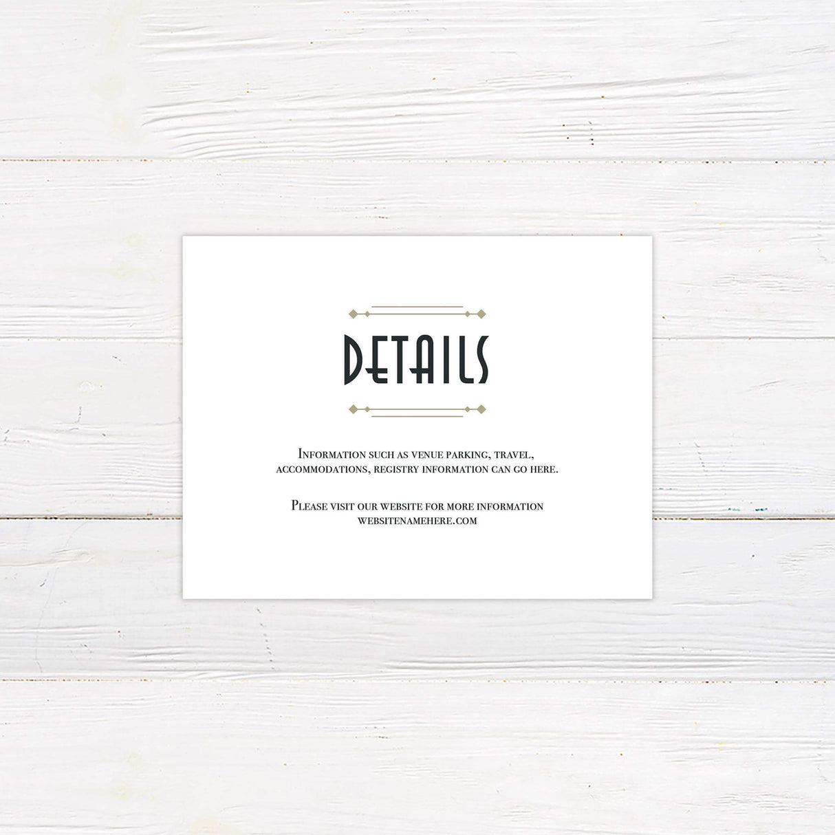 Black and gold detail card with vintage geometric lines and deco-inspired typography for additional wedding info.