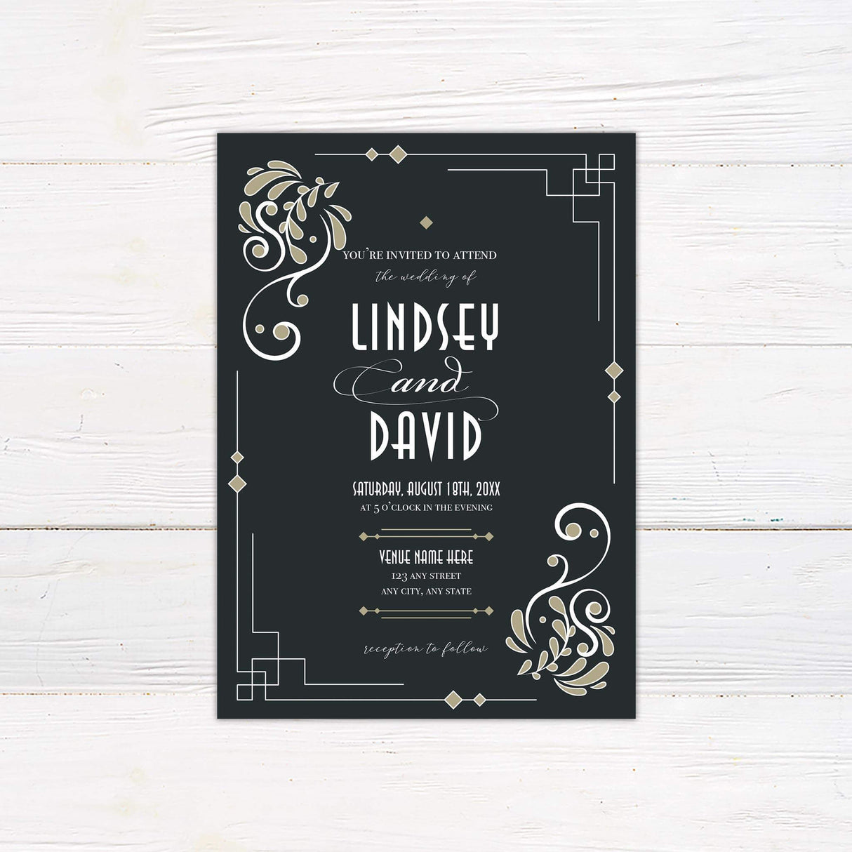 Black and gold art deco wedding invitation with vintage borders, geometric lines, and flourish accents in an elegant retro romance style.