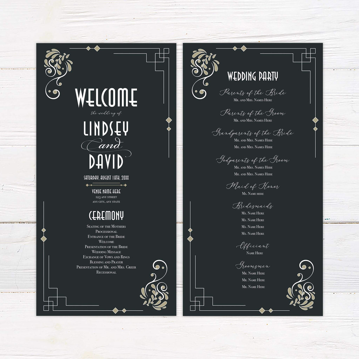 Wedding ceremony program with black backdrop, gold flourishes, and stylized retro fonts for an elegant presentation.