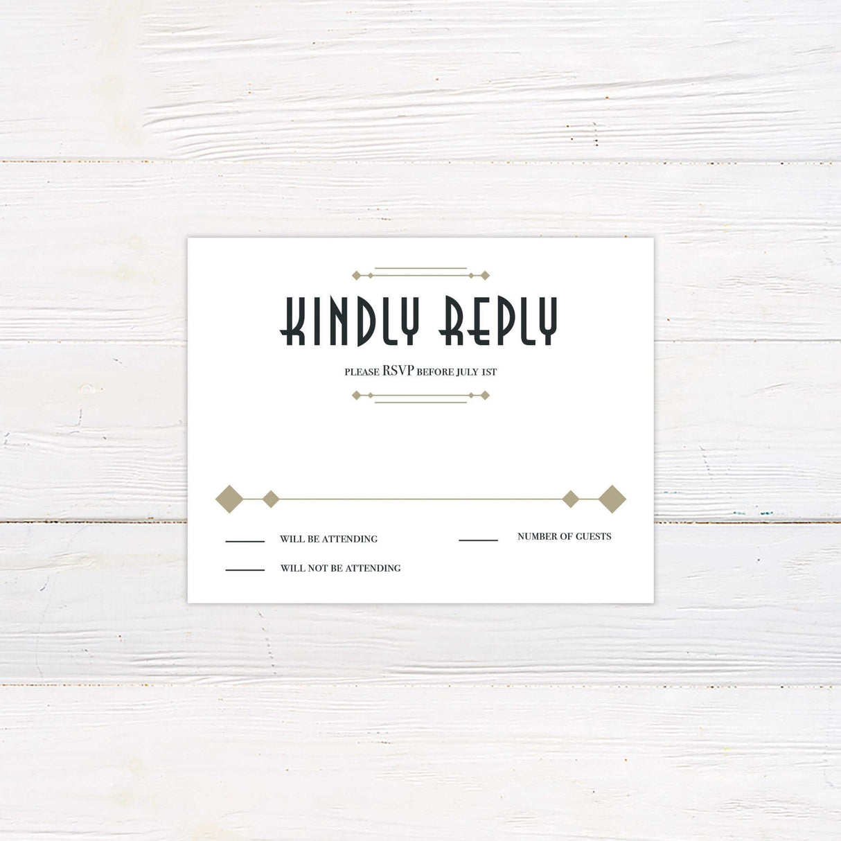 Matching RSVP card with black background, gold deco borders, and elegant art deco fonts.