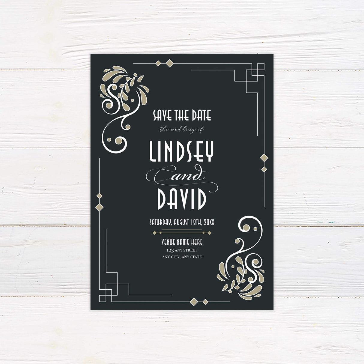 Coordinating save the date card with black and gold art deco design and vintage style fonts for an unforgettable announcement.