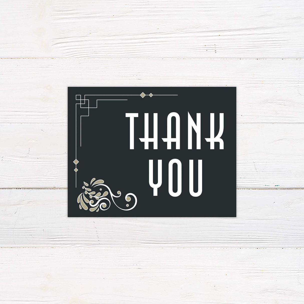 Black and gold thank you card with retro romance borders and deco-style typography to express post-wedding gratitude.