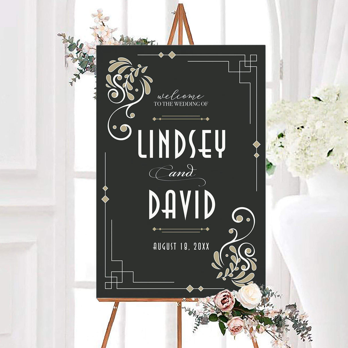 Charcoal art deco retro romance wedding welcome sign featuring white retro typography, champagne geometric accents, and decorative corner flourishes. The personalized design displays the couple’s names and wedding date in an elegant vintage layout.