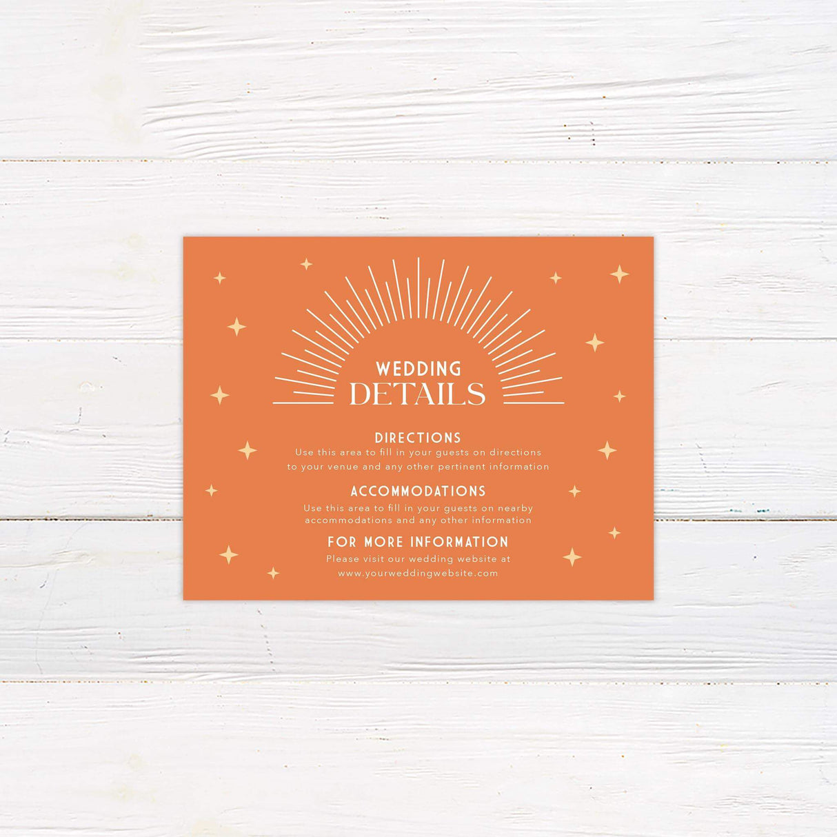 Coordinating wedding detail card in terracotta with minimalist layout and sunburst divider accents.