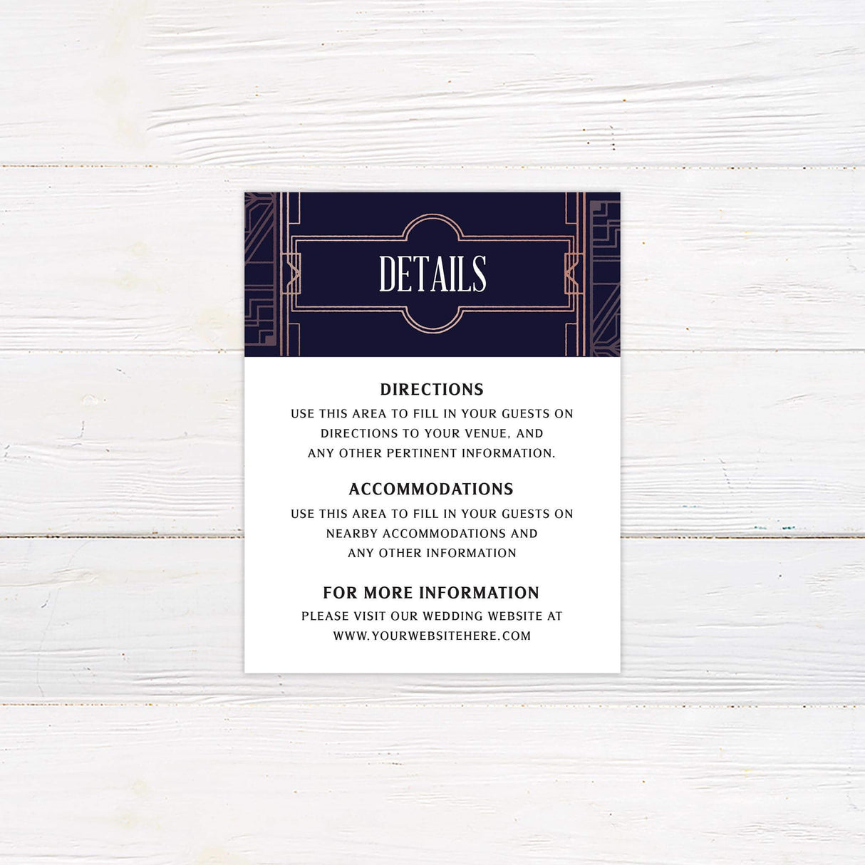Coordinating wedding detail card with rose gold geometric lines on a navy background in elegant vintage style.