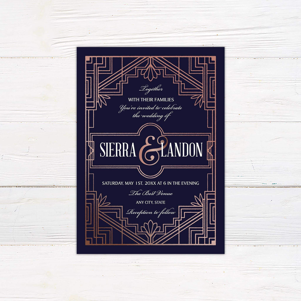 Navy Art Deco wedding invitation with rose gold geometric border, stylized tulip elements, and elegant script and serif fonts.